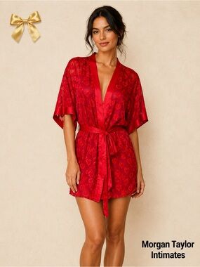 Morgan Taylor Intimates Sheer Belted Robe, Red Hearts Sz Small